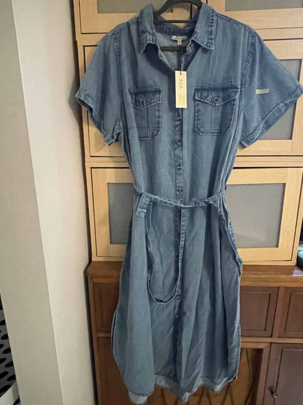 Denim Shirt Dress with Waist Tie - Blue